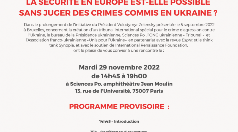 29 novembre 2022 – Conférence « La sécurité en Europe est-elle possible sans juger des crimes de guerre en Ukraine ? »